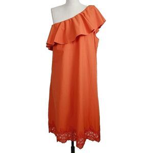 NEW‎ H&M Dress 10 Cherry Red Embroidered Lace Hem One Shoulder Midi Shift
